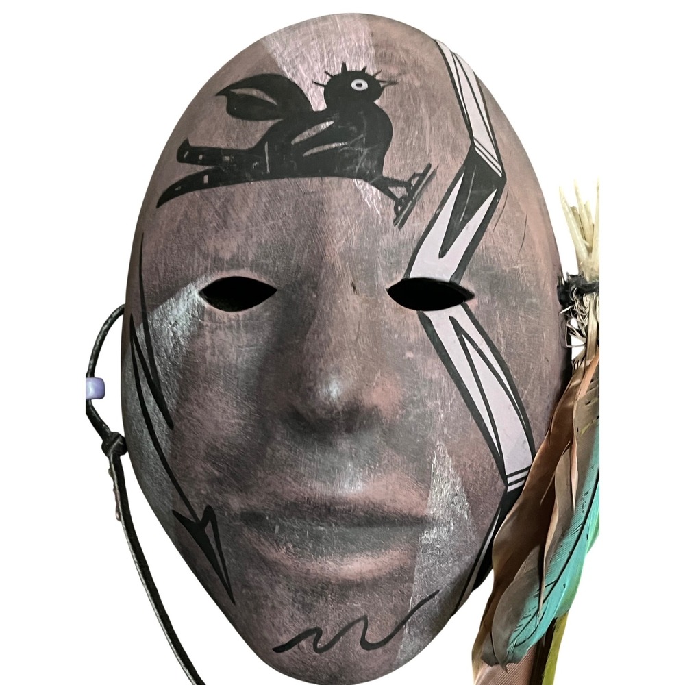 Hand Painted Southwestern Wall Mask Signed Suzanne Feathers‎ Beads Mauve Grey